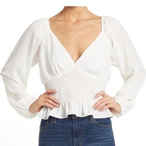 NWT Wayf Women’s White Smocked Long Sleeve Blouse Size Medium